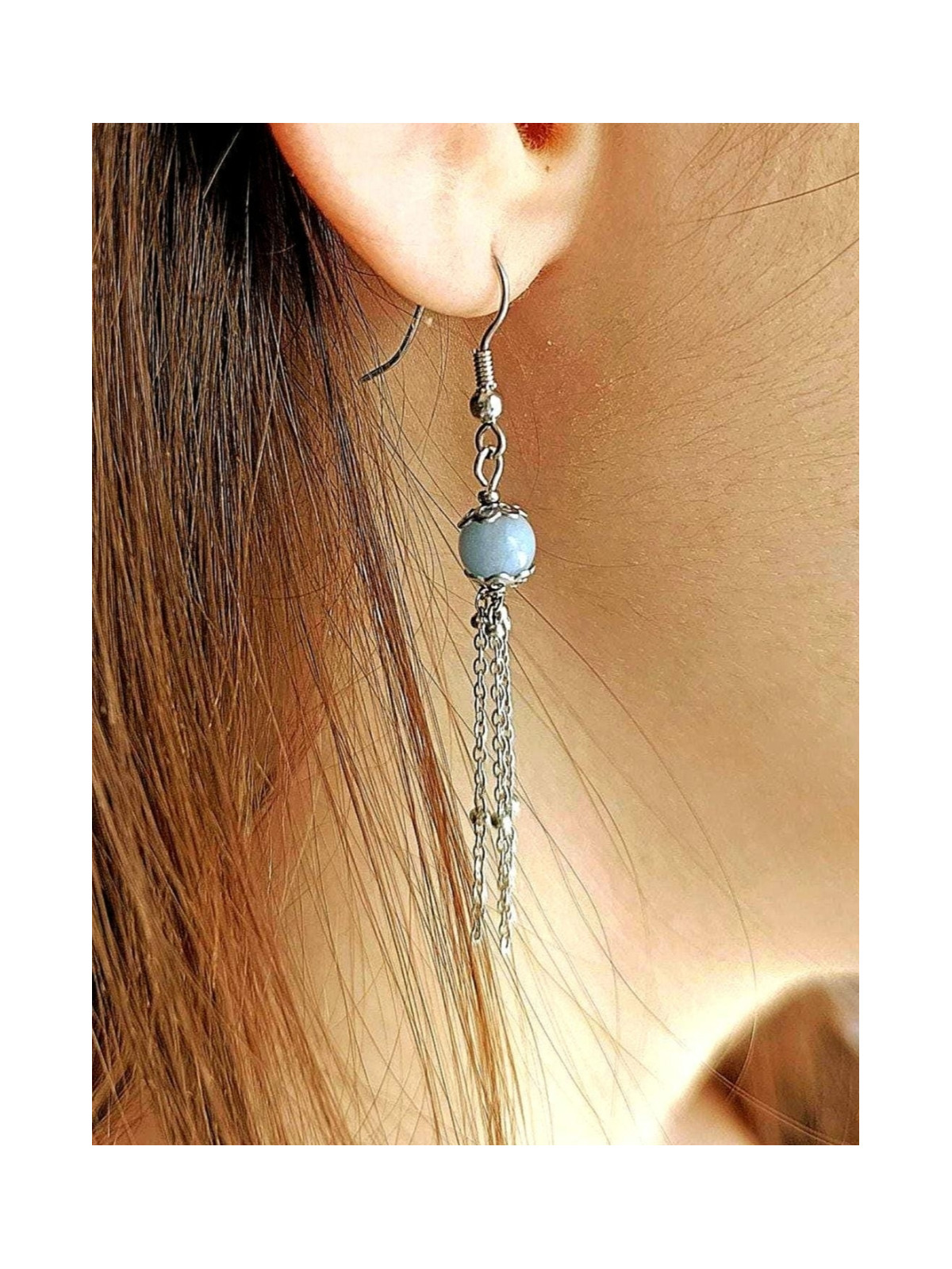 Boucles d’oreilles pendantes en sélénite ou opale rose ou angélite et acier inoxydable plaqué or 18K ou argent rhodié