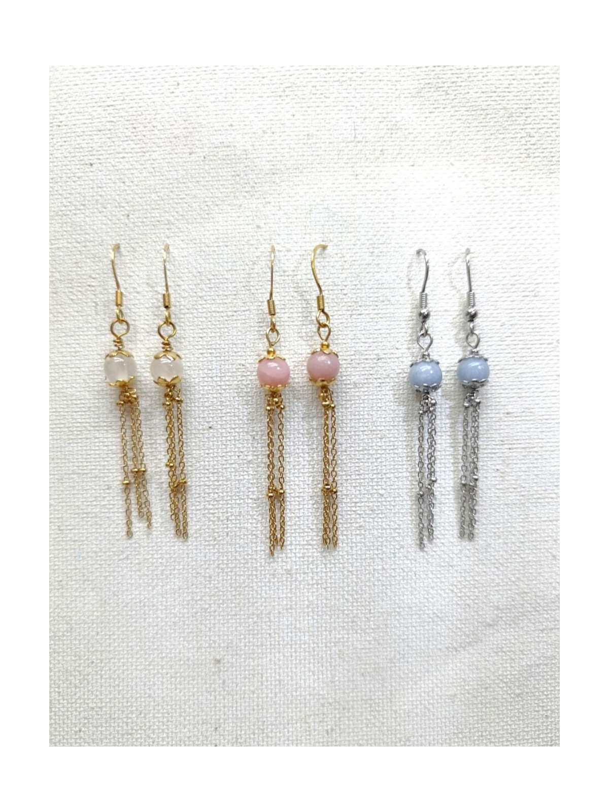 Boucles d’oreilles pendantes en sélénite ou opale rose ou angélite et acier inoxydable plaqué or 18K ou argent rhodié