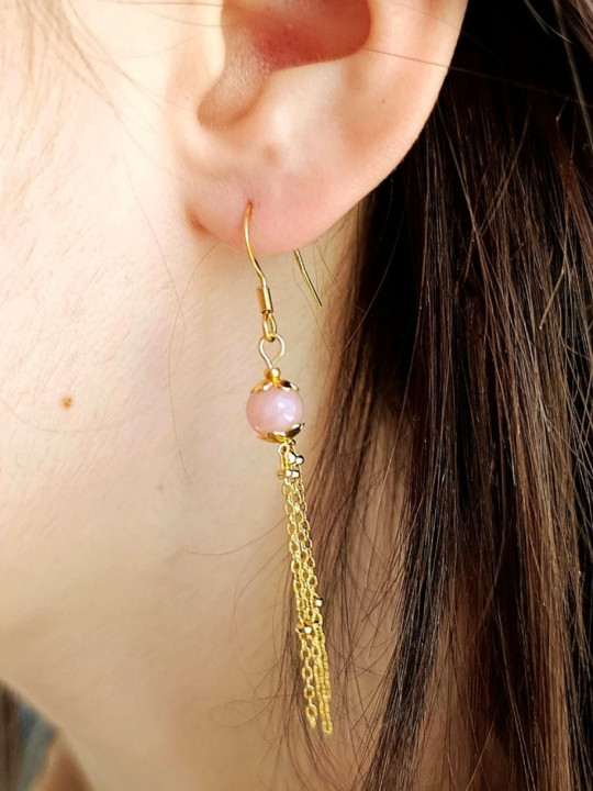 Boucles d’oreilles pendantes en sélénite ou opale rose ou angélite et acier inoxydable plaqué or 18K ou argent rhodié
