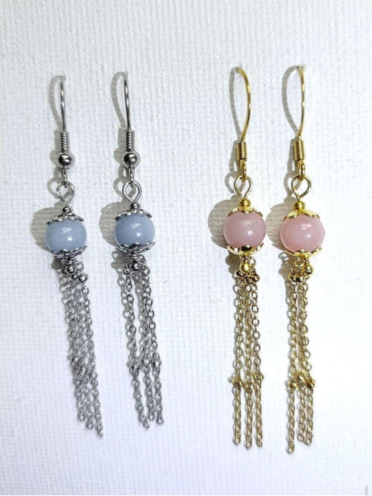Boucles d’oreilles pendantes en sélénite ou opale rose ou angélite et acier inoxydable plaqué or 18K ou argent rhodié