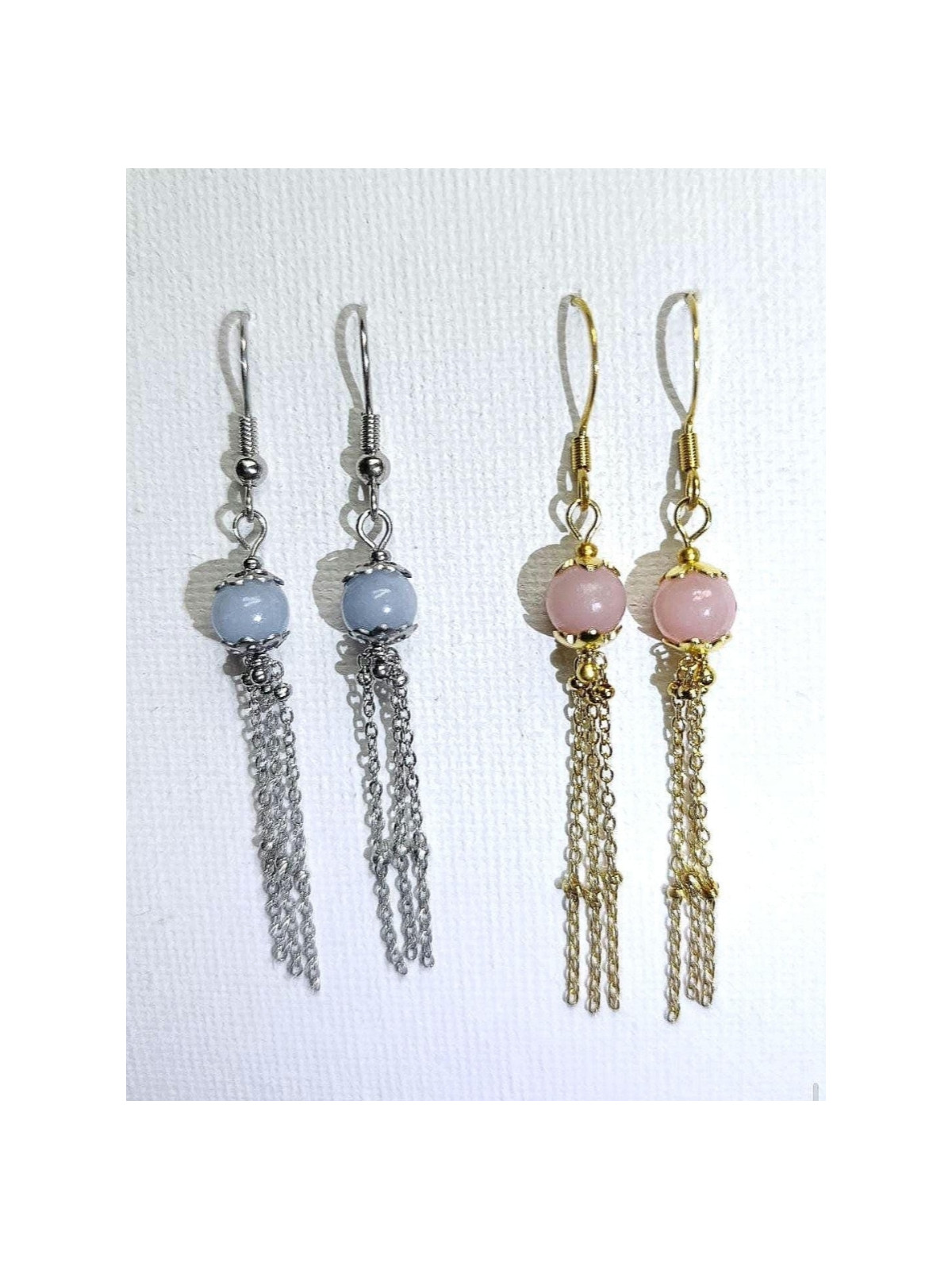 Boucles d’oreilles pendantes en sélénite ou opale rose ou angélite et acier inoxydable plaqué or 18K ou argent rhodié