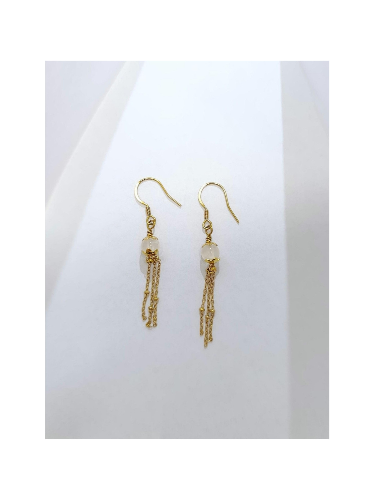 Boucles d’oreilles pendantes en sélénite ou opale rose ou angélite et acier inoxydable plaqué or 18K ou argent rhodié