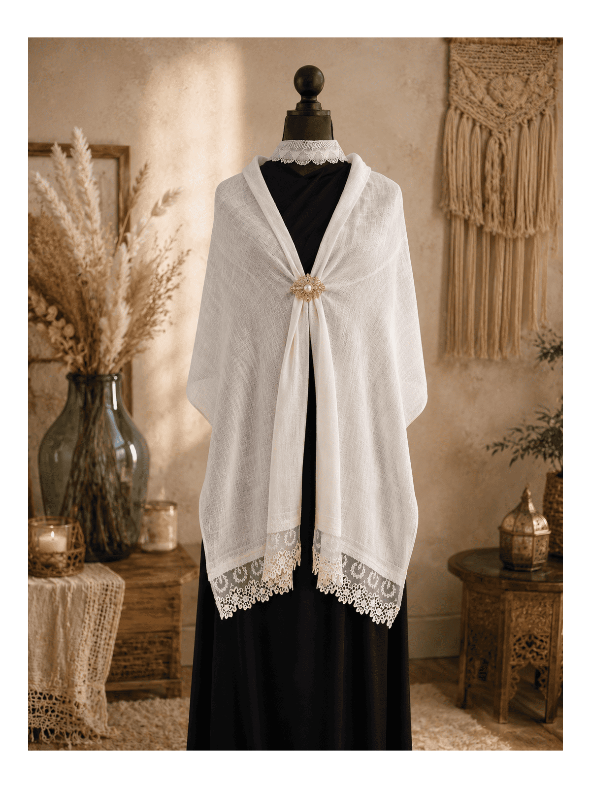 Étole écrue en lin et dentelle ancienne  Accessoire de cérémonie bohème chic