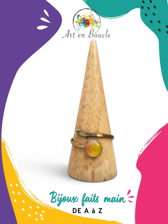 Bague blé artisanale réglable en laiton perle de tableau jaune orangée