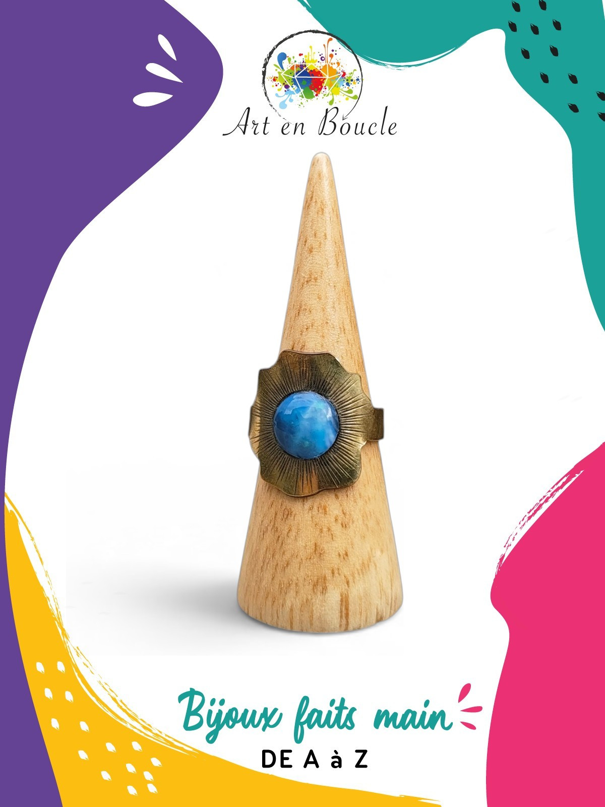 Bague soleil artisanale réglable en laiton perle de tableau bleue
