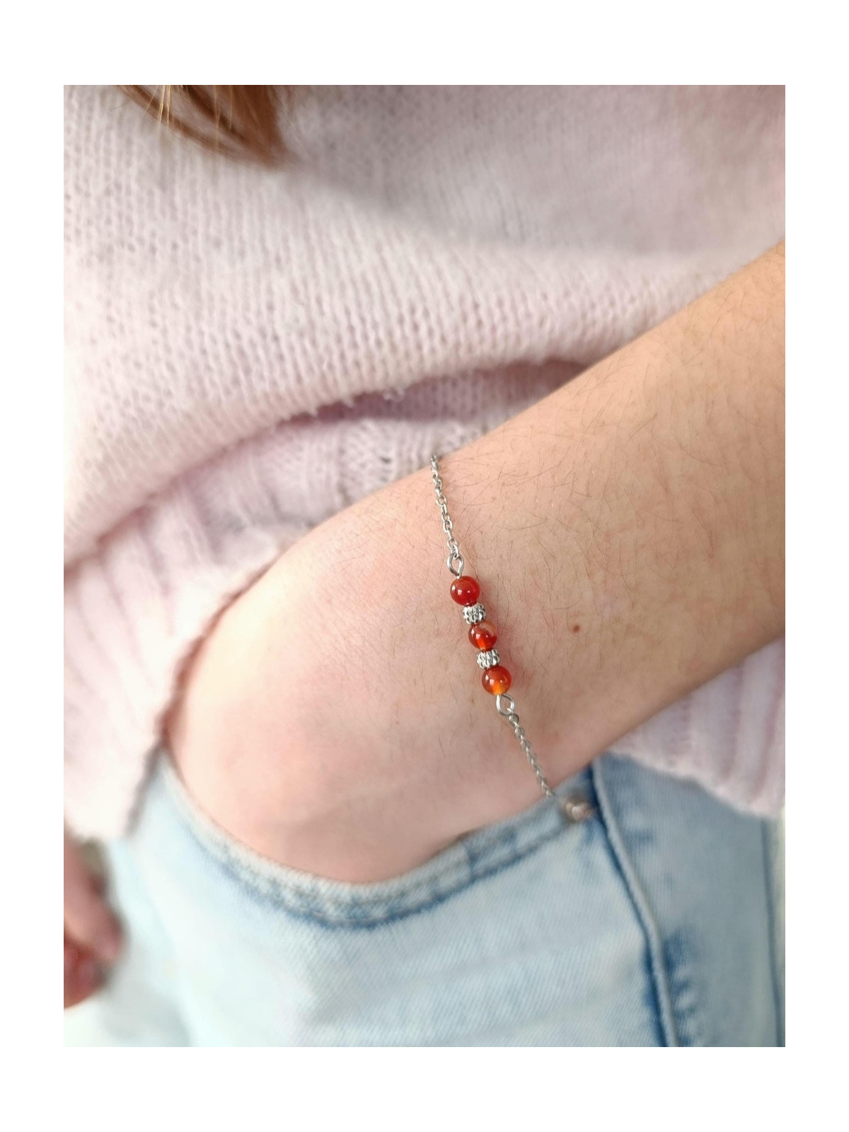 Bracelet en pierres naturelles sur chaîne en acier inoxydable argent rhodié