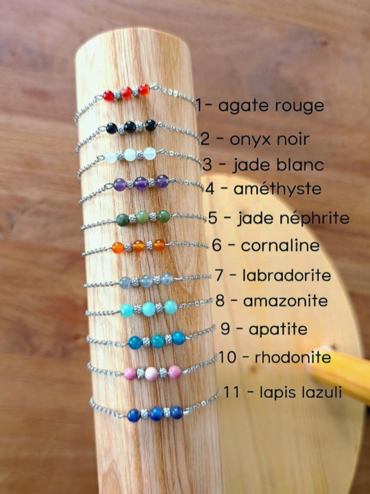 Bracelet en pierres naturelles sur chaîne en acier inoxydable argent rhodié