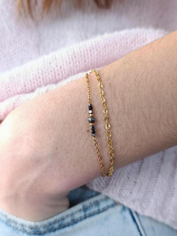 Bracelet double chaîne en acier inoxydable doré or 18k onyx noir 