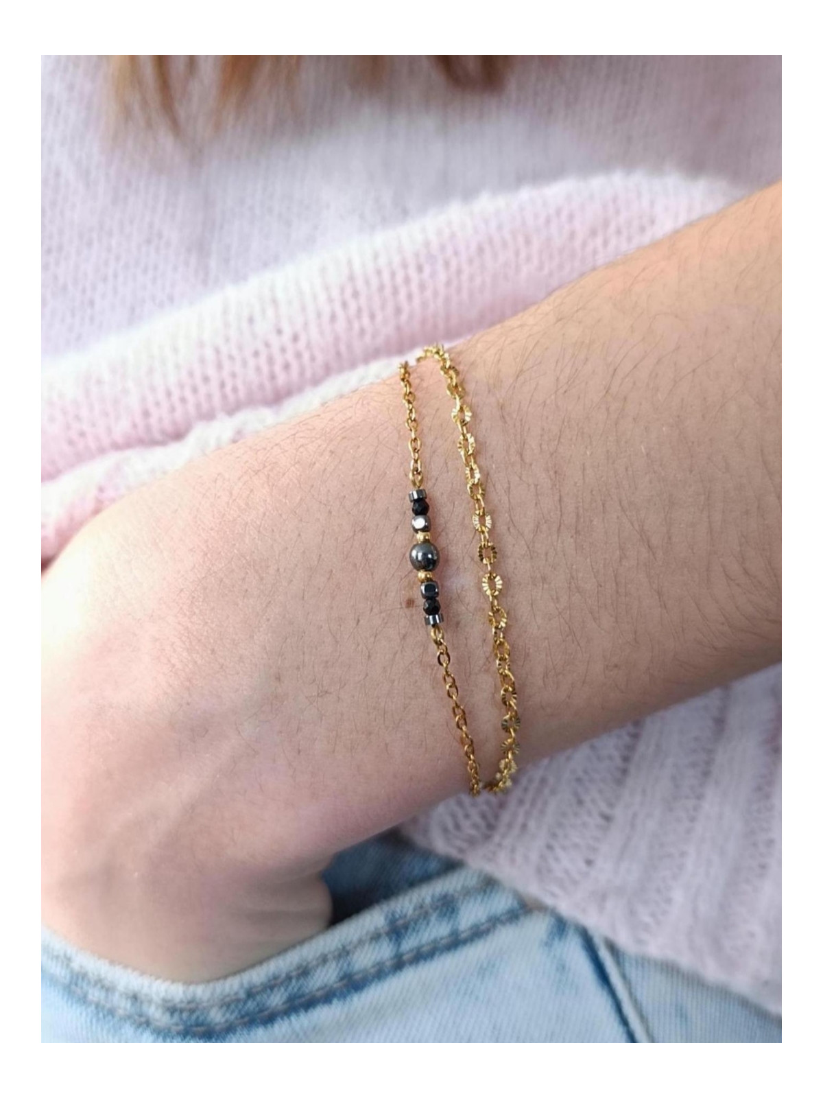 Bracelet double chaîne en acier inoxydable doré or 18k onyx noir 