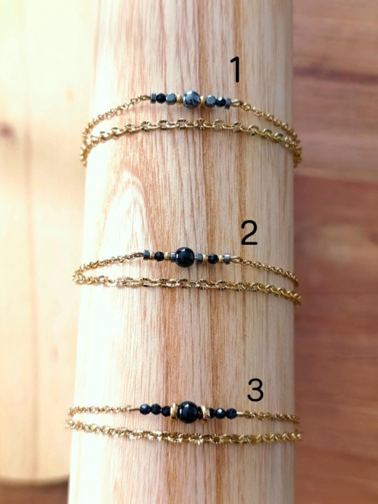 Bracelet double chaîne en acier inoxydable doré or 18k onyx noir 