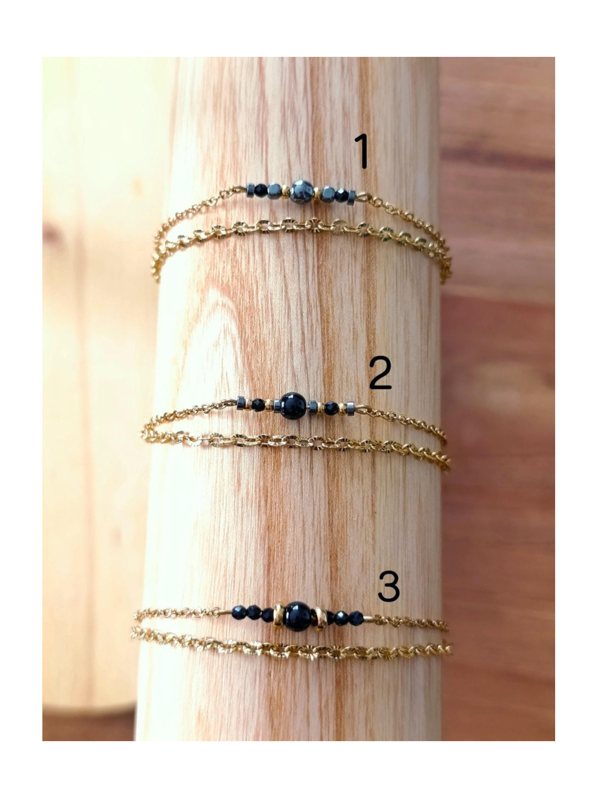 Bracelet double chaîne en acier inoxydable doré or 18k onyx noir 