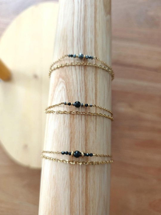 Bracelet double chaîne en acier inoxydable doré or 18k onyx noir 