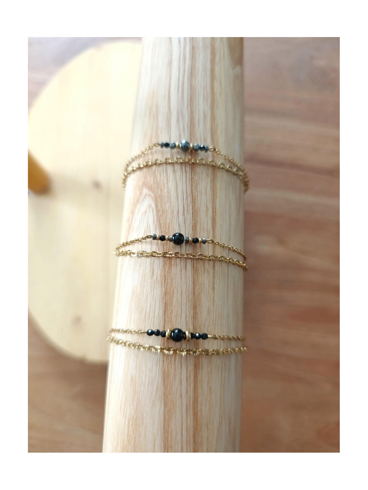 Bracelet double chaîne en acier inoxydable doré or 18k onyx noir 