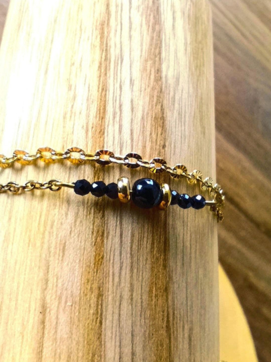 Bracelet double chaîne en acier inoxydable doré or 18k onyx noir 