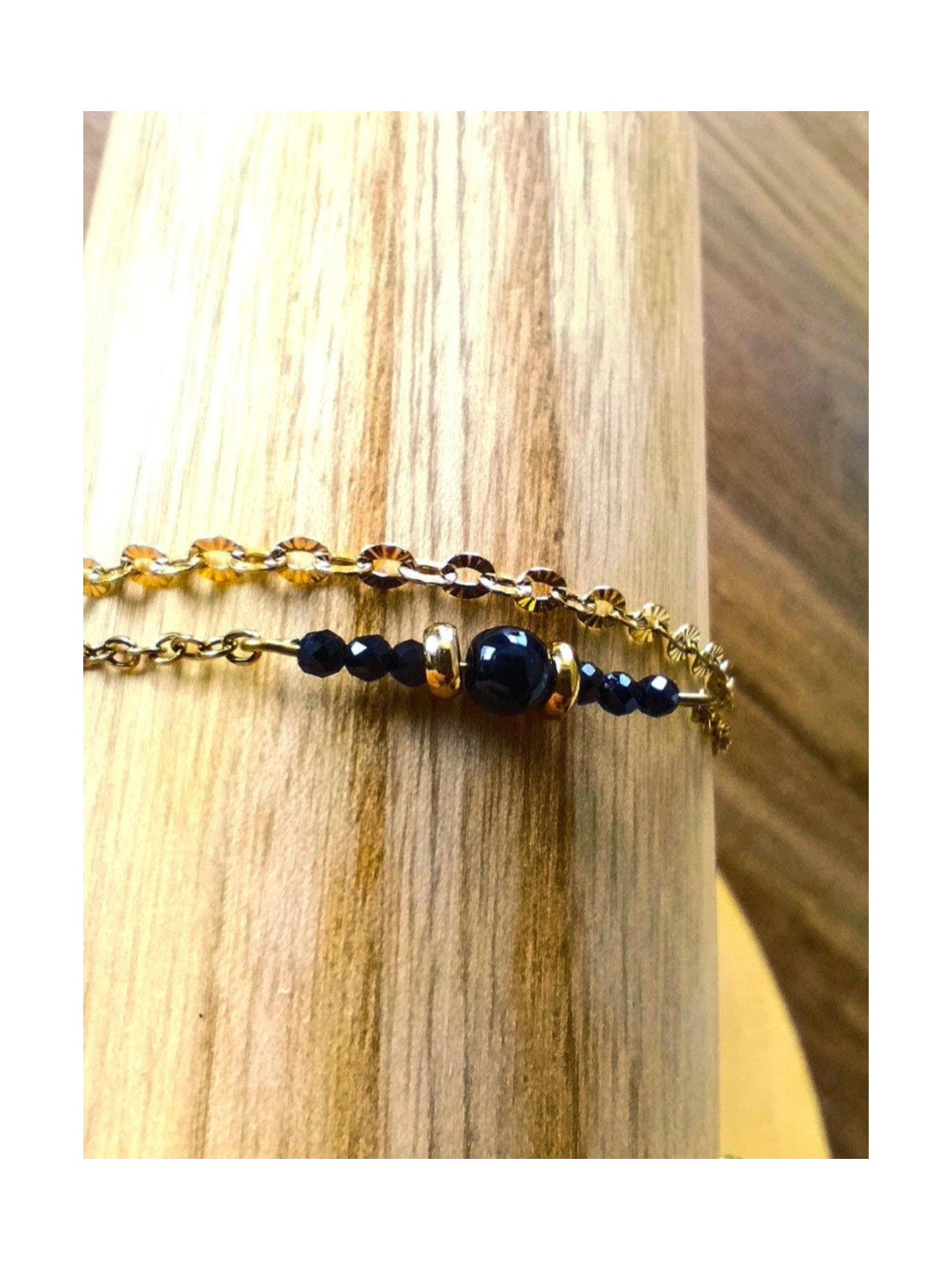 Bracelet double chaîne en acier inoxydable doré or 18k onyx noir 