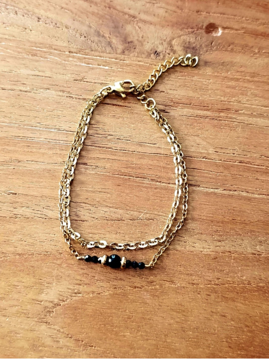 Bracelet double chaîne en acier inoxydable doré or 18k onyx noir 
