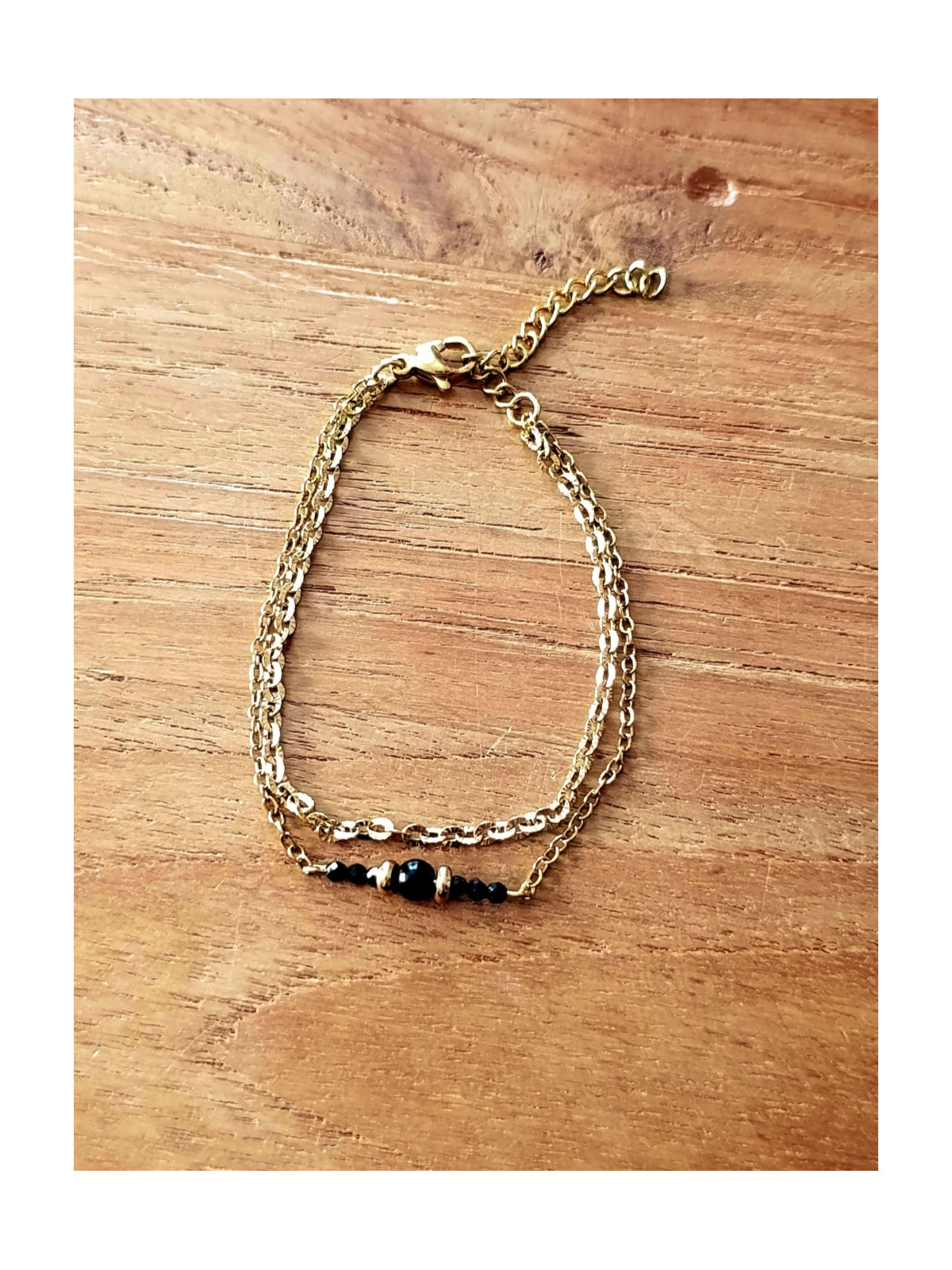 Bracelet double chaîne en acier inoxydable doré or 18k onyx noir 