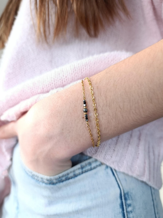 Bracelet double chaîne en acier inoxydable doré or 18k onyx noir 