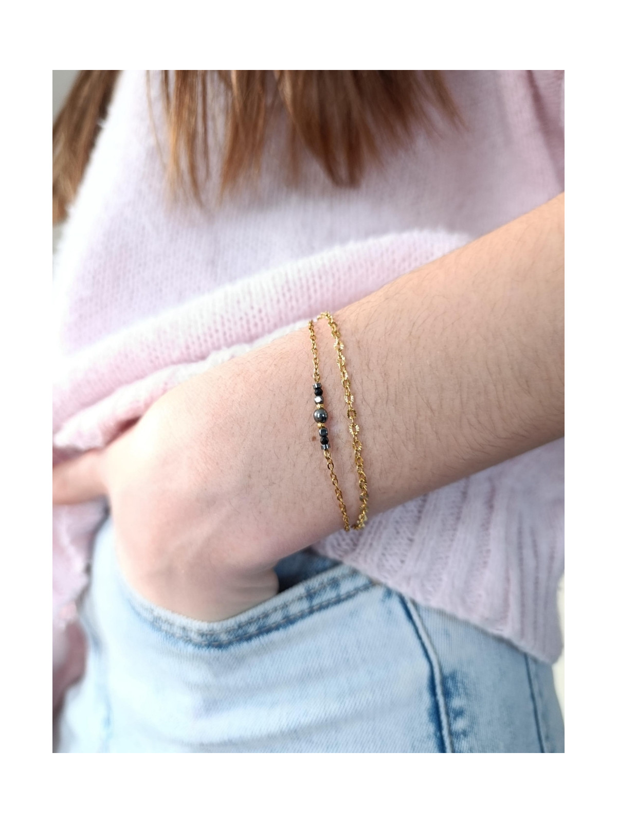 Bracelet double chaîne en acier inoxydable doré or 18k onyx noir 