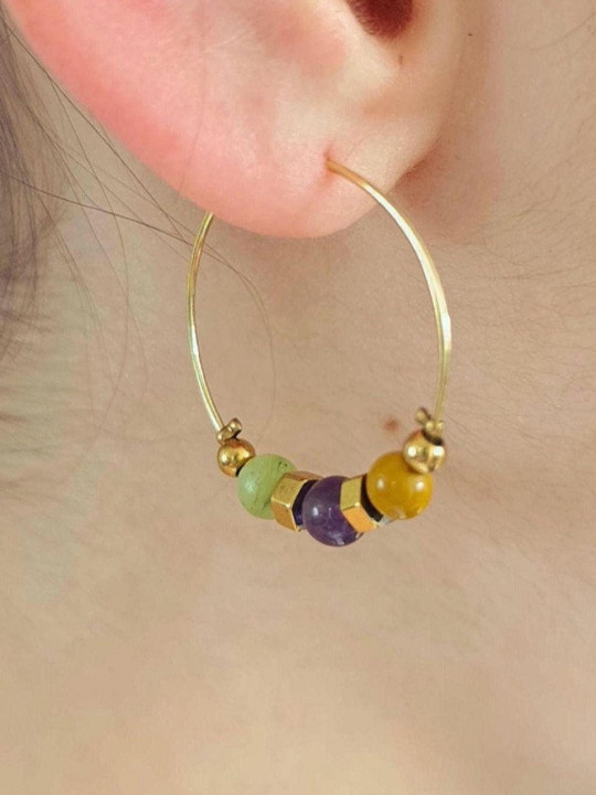 Boucles d’oreilles en acier inoxydable 316L dorées Or 18 carats et pierres naturelles