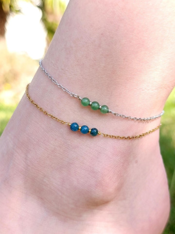 Bracelet de cheville acier inoxydable plaqué or 18K ou argent rhodié et pierres naturelles