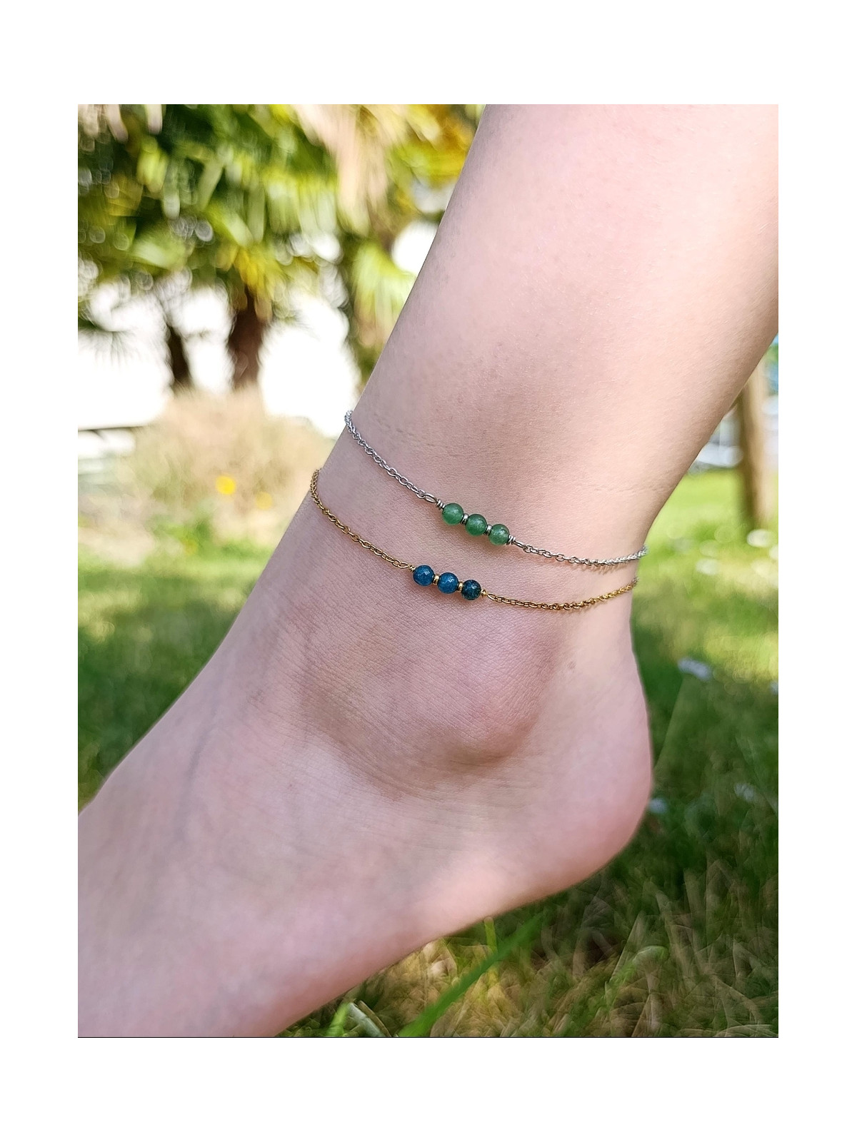 Bracelet de cheville acier inoxydable plaqué or 18K ou argent rhodié et pierres naturelles
