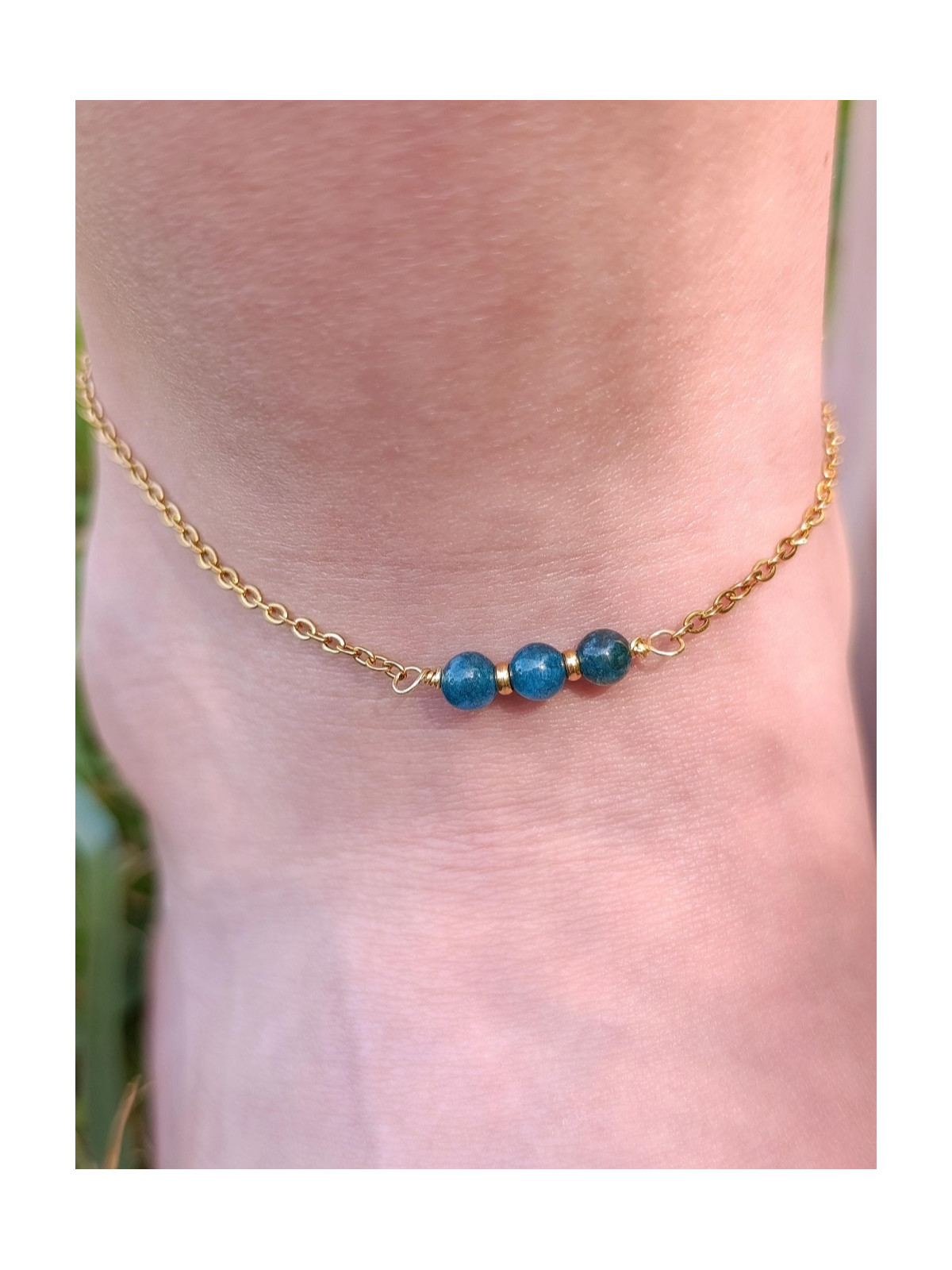 Bracelet de cheville acier inoxydable plaqué or 18K ou argent rhodié et pierres naturelles