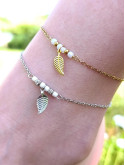 Bracelet de cheville en acier inoxydable doré or 18 carats ou argent rhodié avec breloque feuille