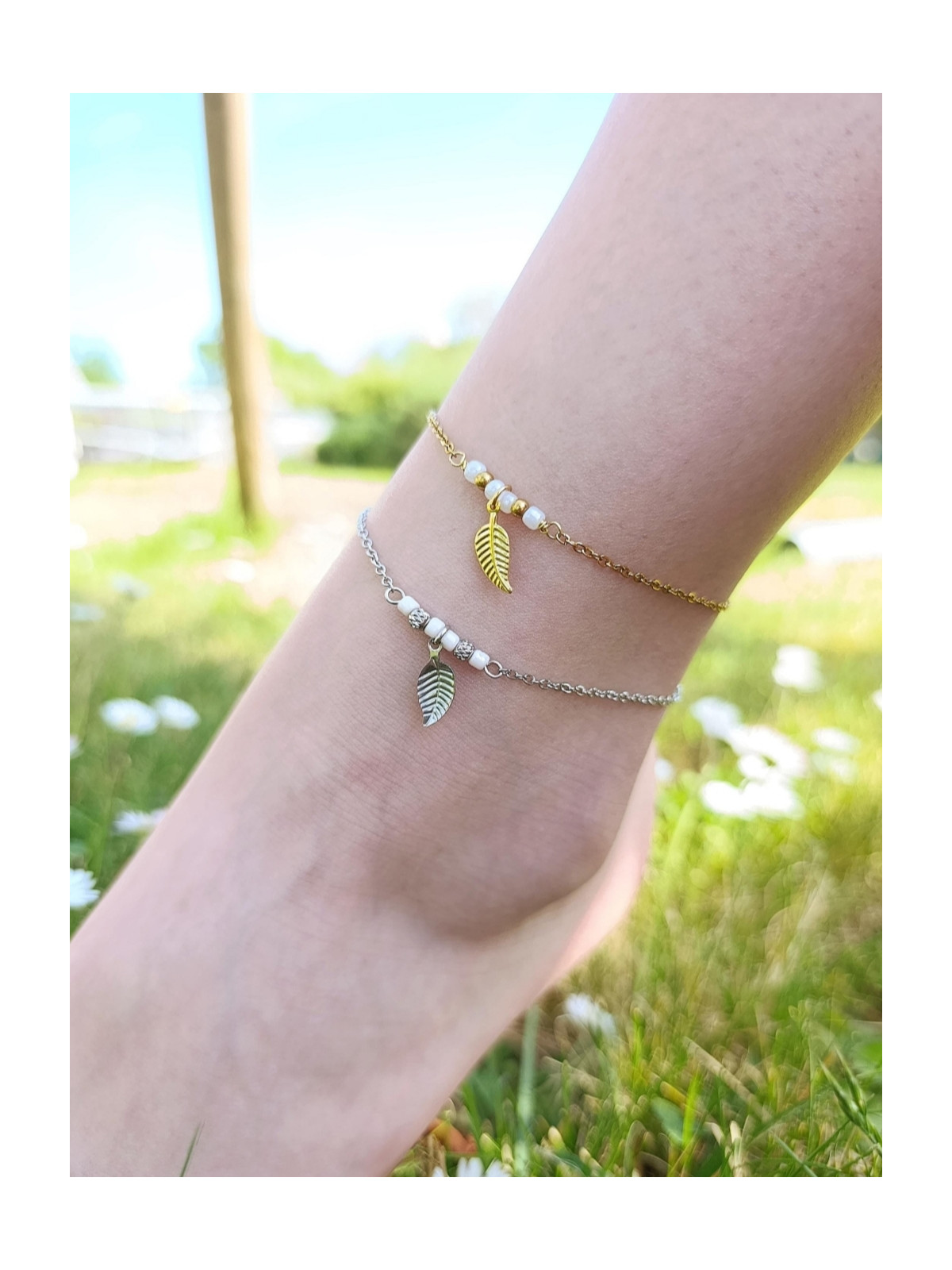Bracelet de cheville en acier inoxydable doré or 18 carats ou argent rhodié avec breloque feuille