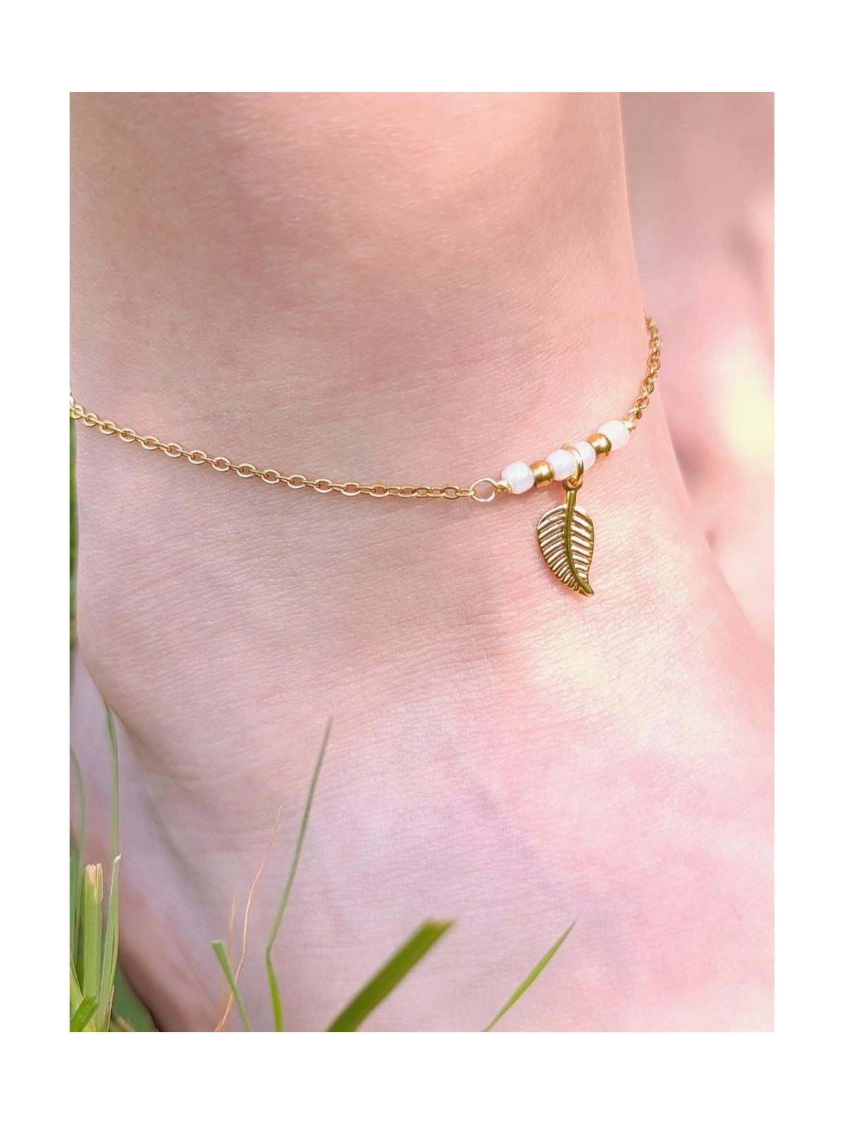 Bracelet de cheville en acier inoxydable doré or 18 carats ou argent rhodié avec breloque feuille