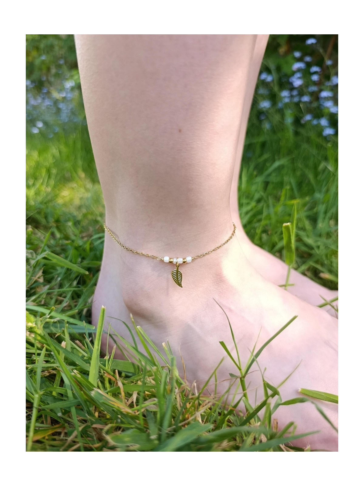 Bracelet de cheville en acier inoxydable doré or 18 carats ou argent rhodié avec breloque feuille