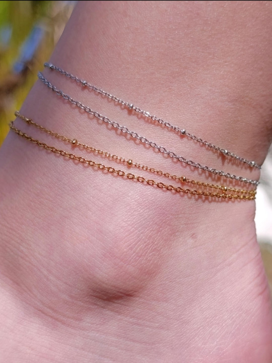 Bracelet de cheville double chaîne doré OR 18 carats (placage ionique) ou argent rhodié