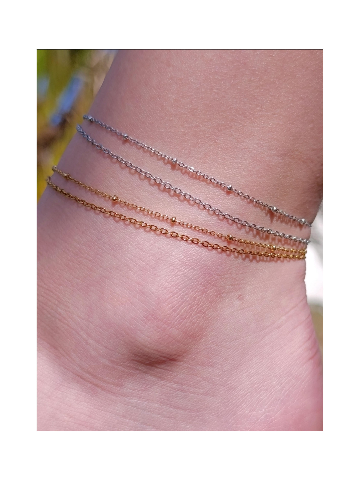 Bracelet de cheville double chaîne doré OR 18 carats (placage ionique) ou argent rhodié