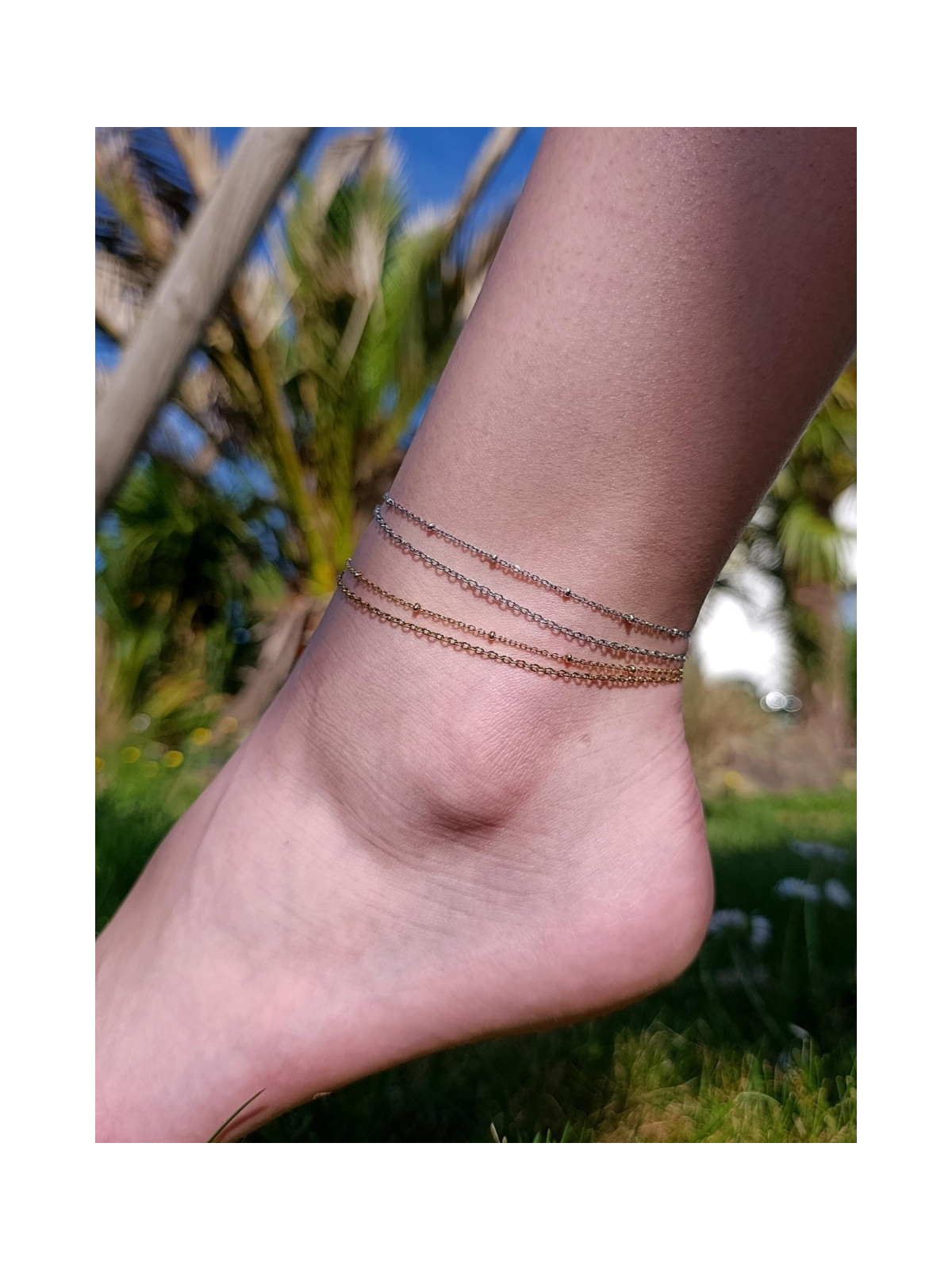 Bracelet de cheville double chaîne doré OR 18 carats (placage ionique) ou argent rhodié