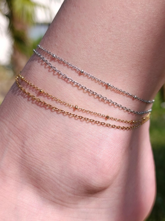 Bracelet de cheville double chaîne doré OR 18 carats (placage ionique) ou argent rhodié