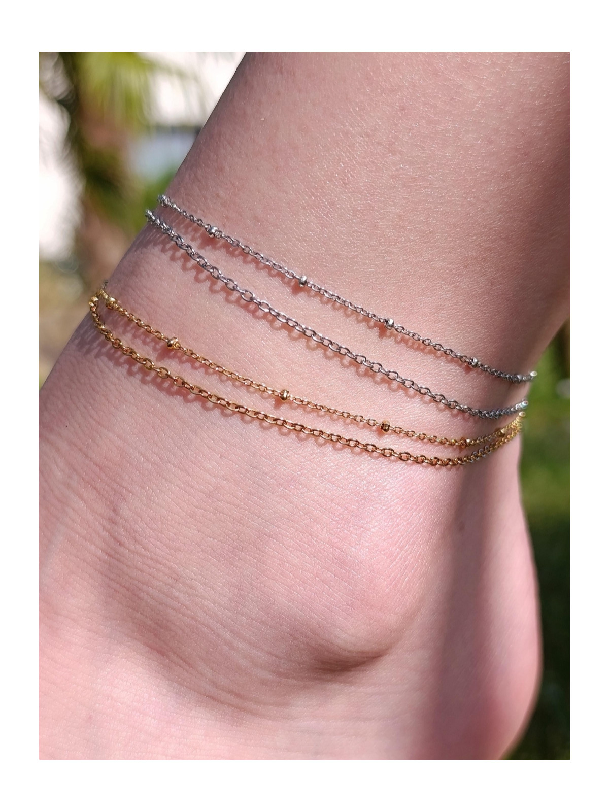 Bracelet de cheville double chaîne doré OR 18 carats (placage ionique) ou argent rhodié
