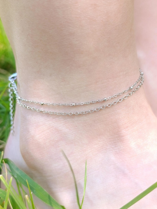 Bracelet de cheville double chaîne doré OR 18 carats (placage ionique) ou argent rhodié