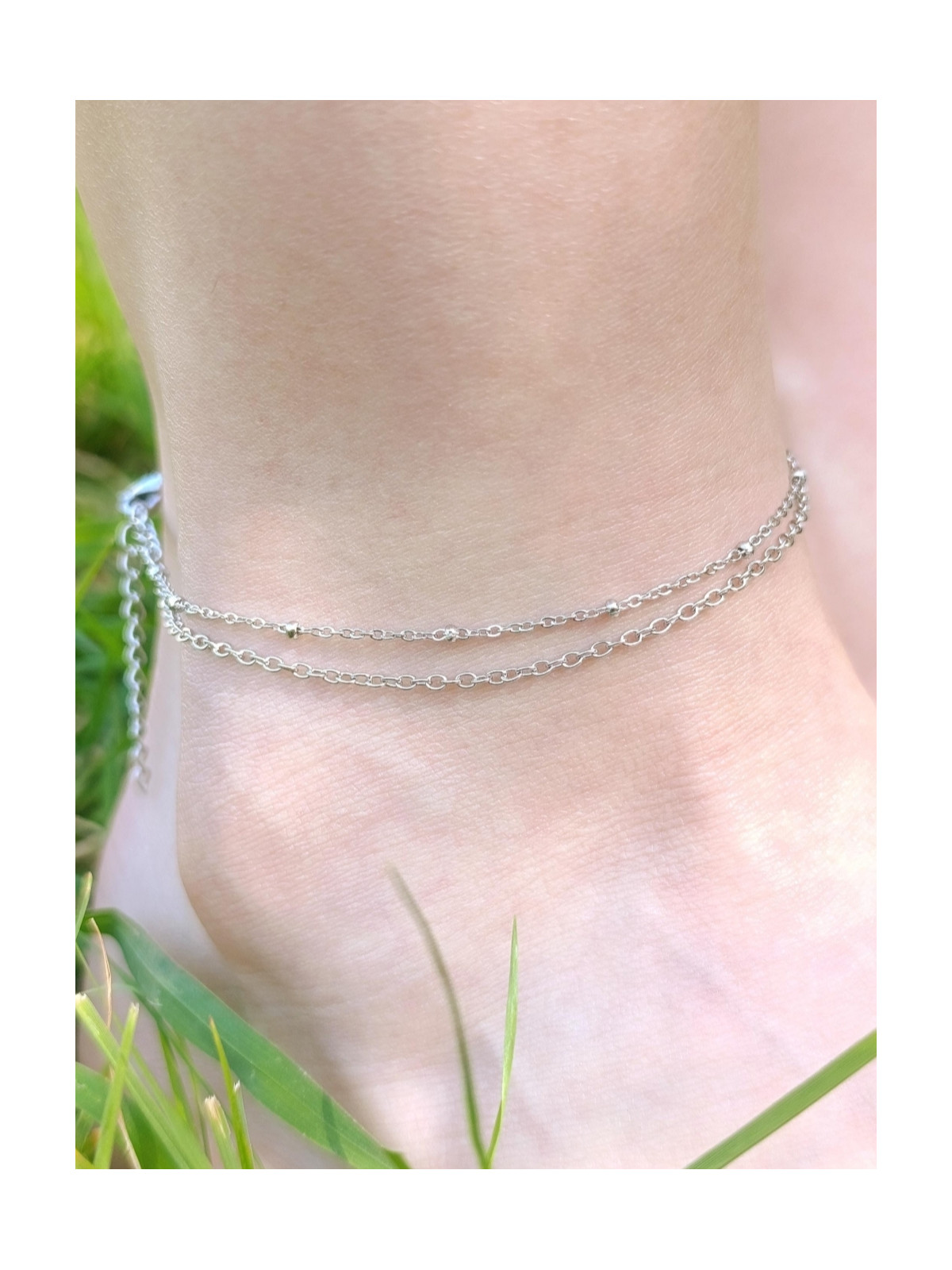 Bracelet de cheville double chaîne doré OR 18 carats (placage ionique) ou argent rhodié