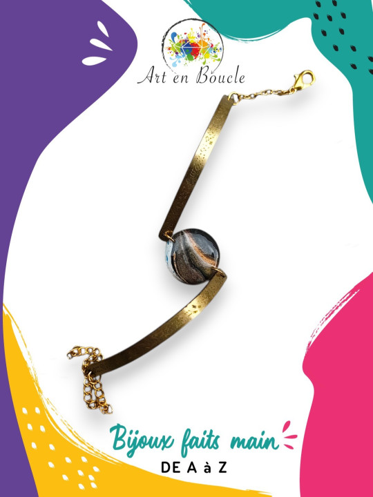 Bracelet notes de musique artisanal en laiton et perle de tableau noire dorée cuivre et bleue