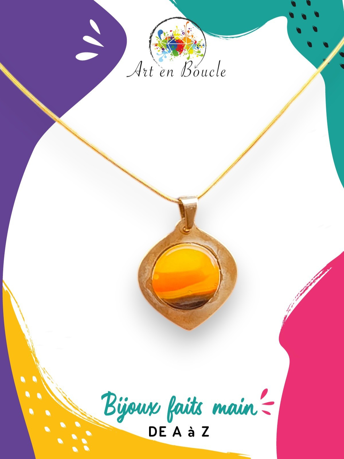 Collier artisanal en laiton et sa perle de tableau coucher de soleil