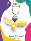 Collier artisanal chouette en laiton et sa perle de tableau bleue noire et bronze