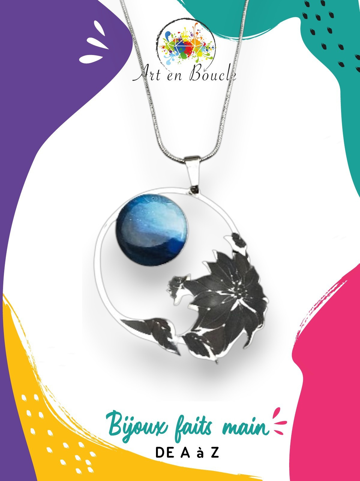 Collier cercle fleuri artisanal en acier inoxydable et sa perle de tableau bleue