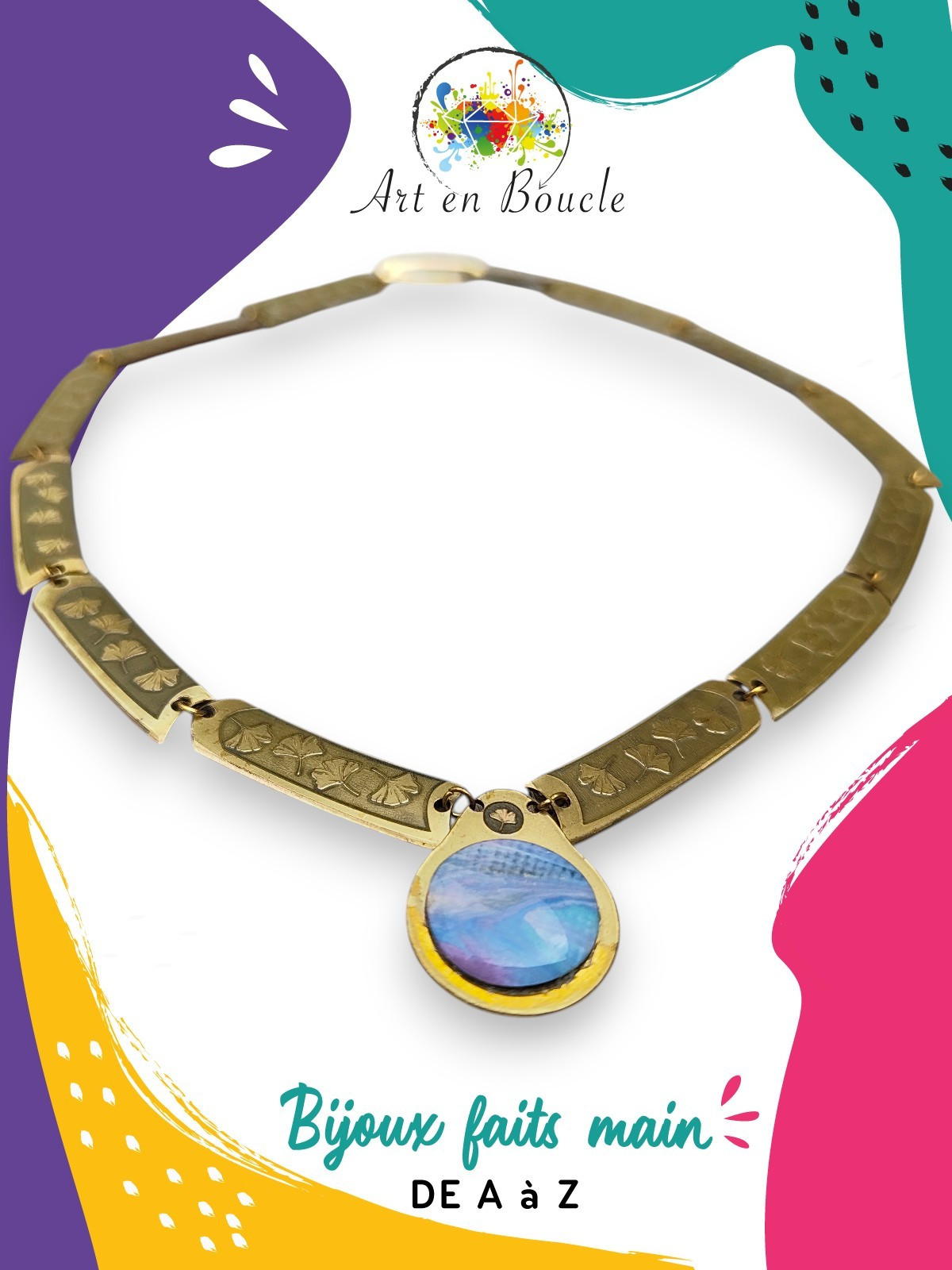 Collier Moyen-Âge Marquise artisanal en laiton et sa perle de tableau rosée