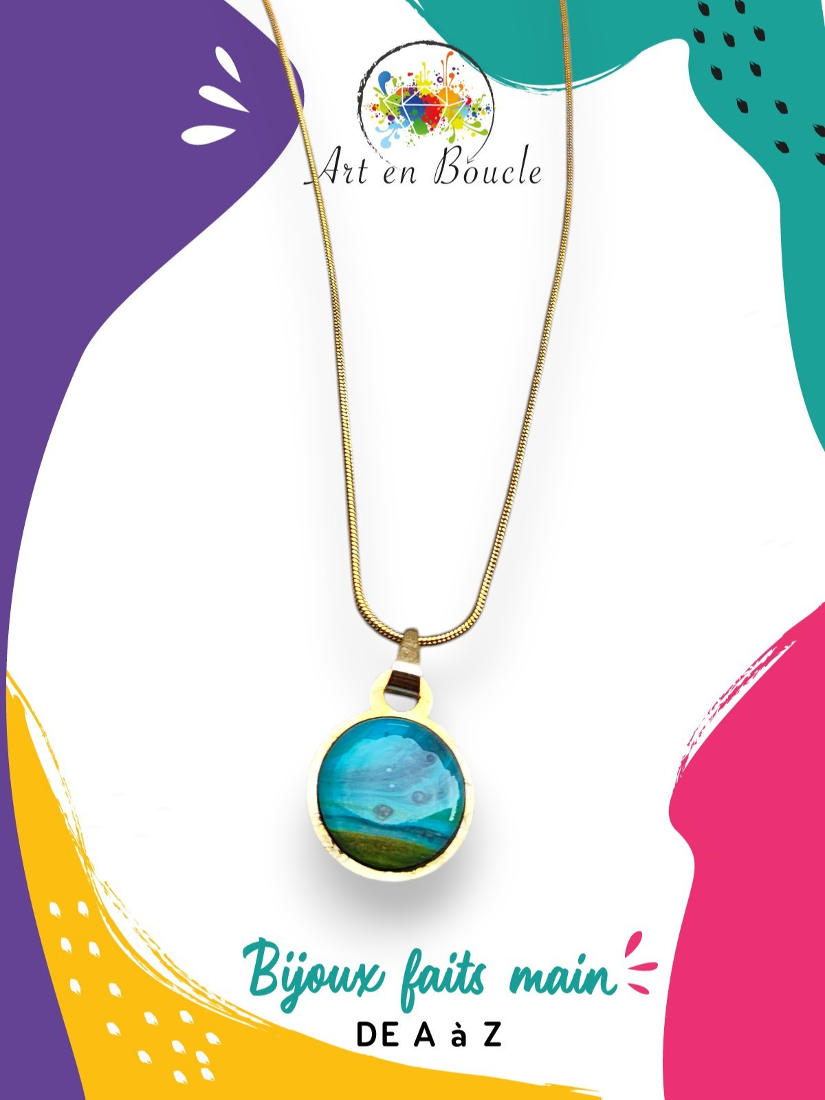 Collier rond artisanal en laiton et sa perle de tableau bleu vert