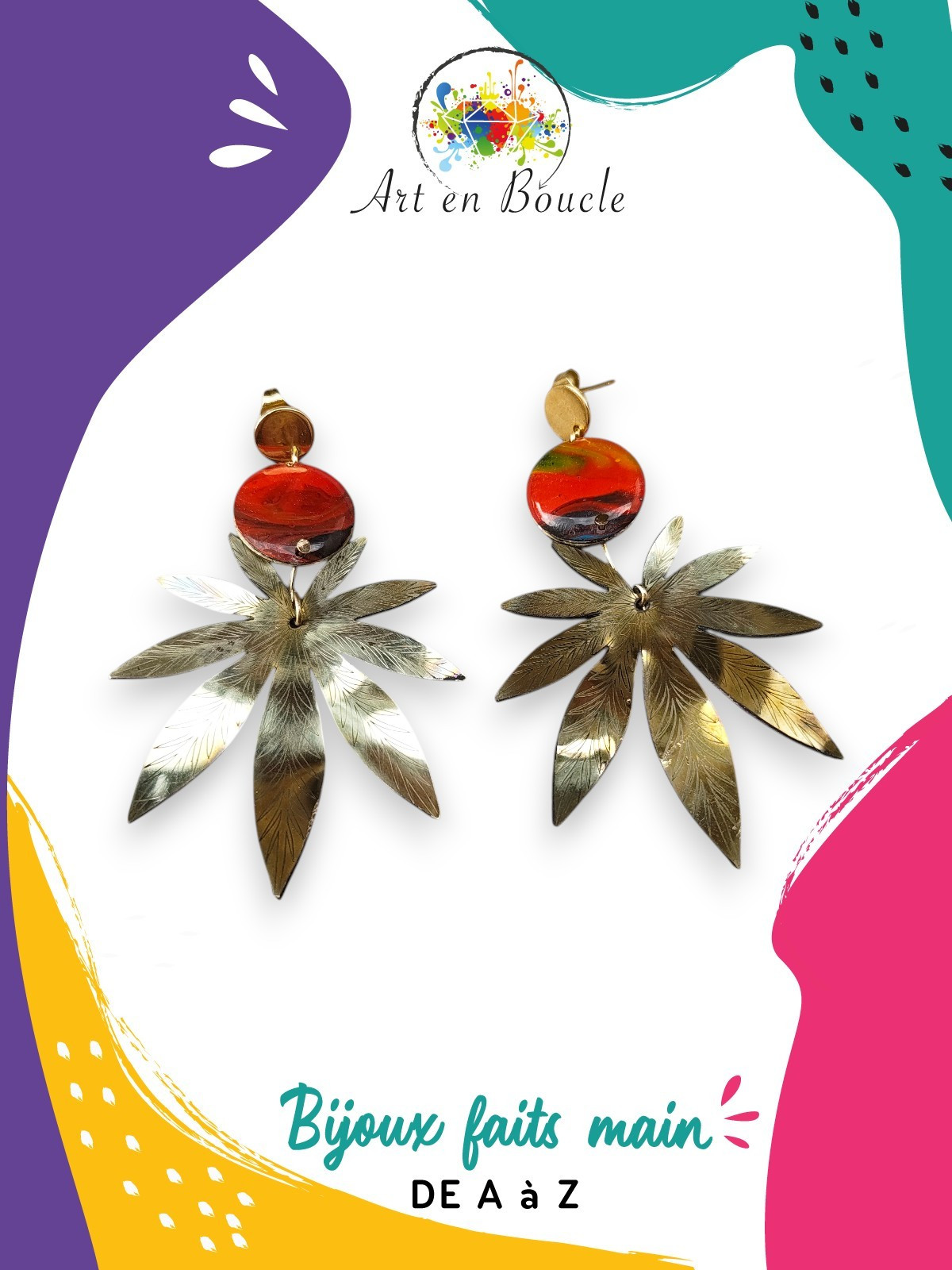 Boucles d'oreille Cannabis artisanales en laiton et perles de tableau rouges