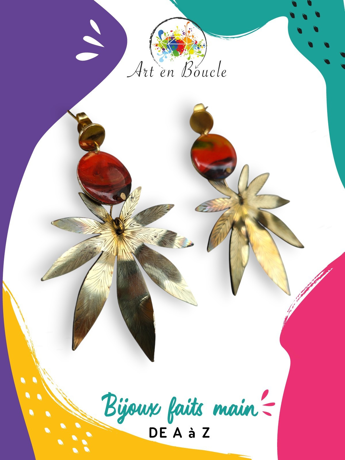 Boucles d'oreille Cannabis artisanales en laiton et perles de tableau rouges