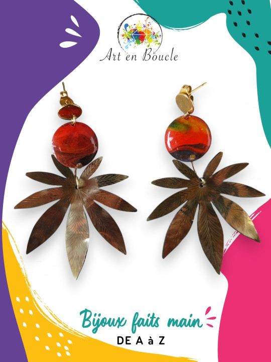 Boucles d'oreille Cannabis artisanales en laiton et perles de tableau rouges
