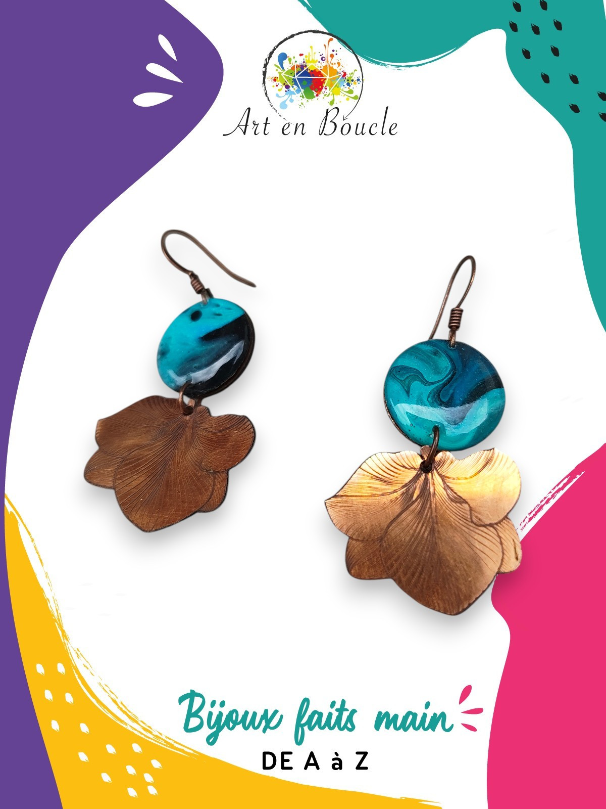 Boucles d'oreille Hortensia artisanales en cuivre et perles de tableau bleues