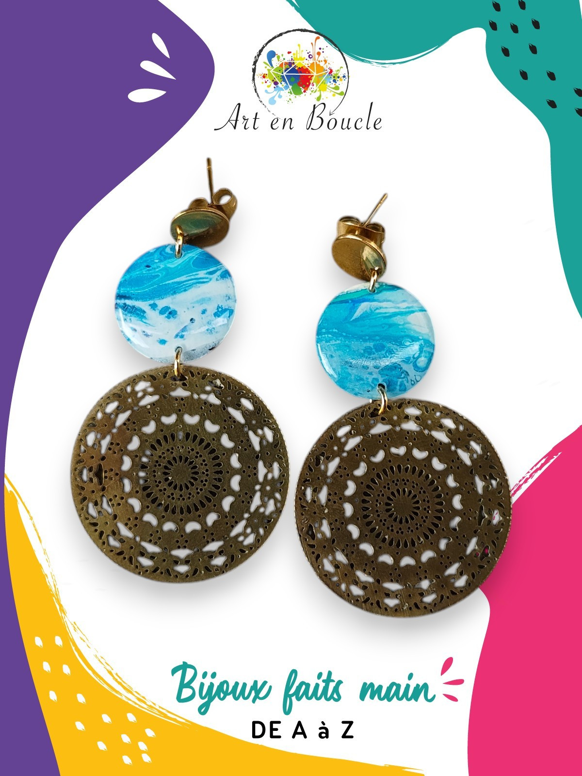 Boucles d'oreille dentelle artisanales en laiton et perles de tableau bleues