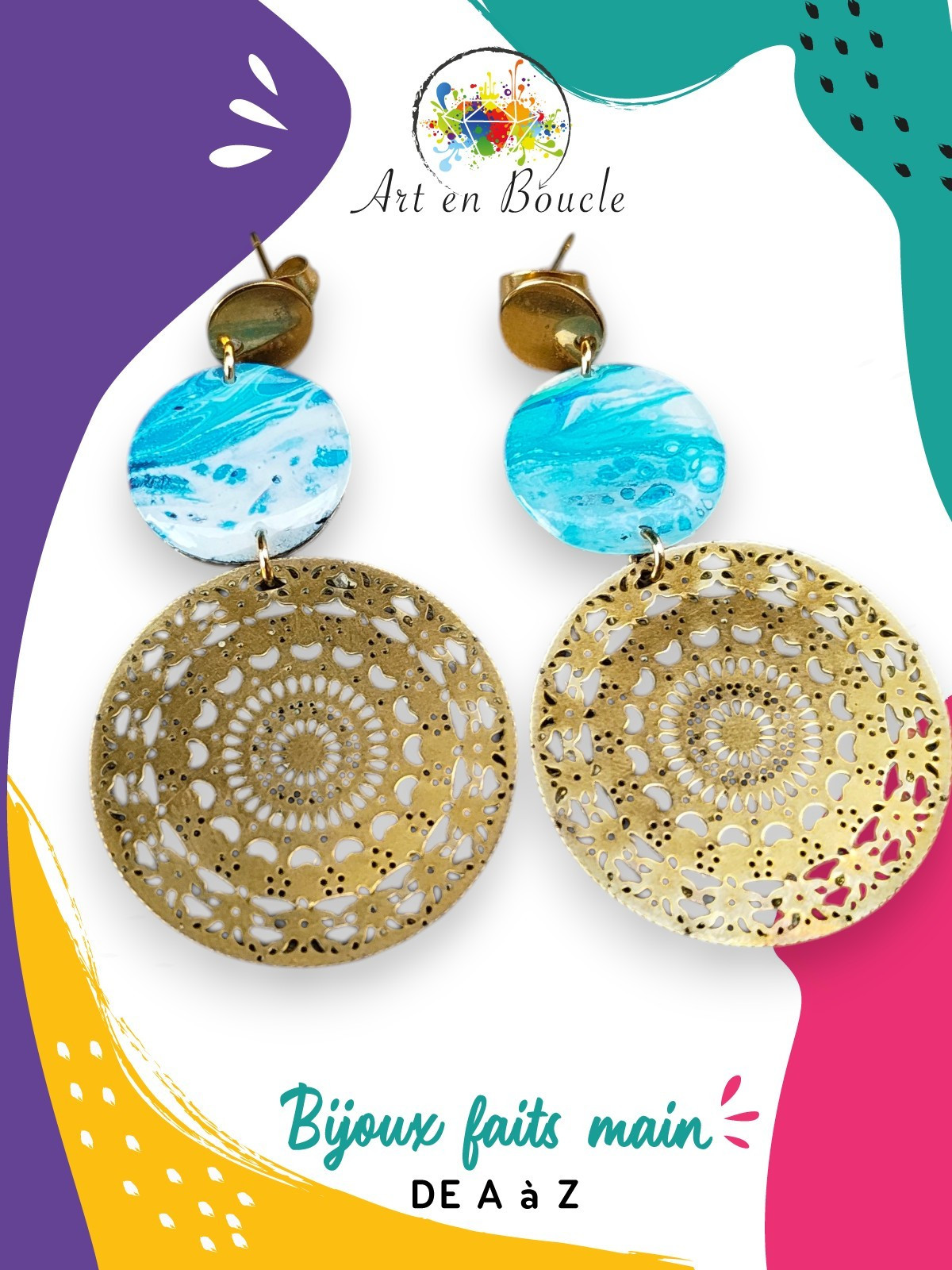 Boucles d'oreille dentelle artisanales en laiton et perles de tableau bleues